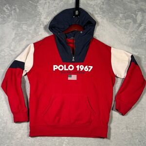 Polo Ralph Lauren Hoodie Mens Medium Red Pullover Fleece USA Flag *FLAWS